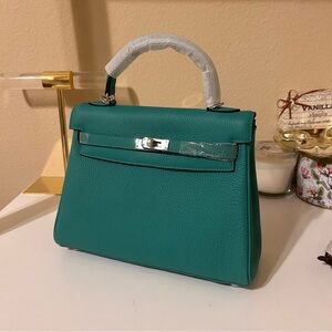 25cm Green Top Handle KL Belted Leather Satchel